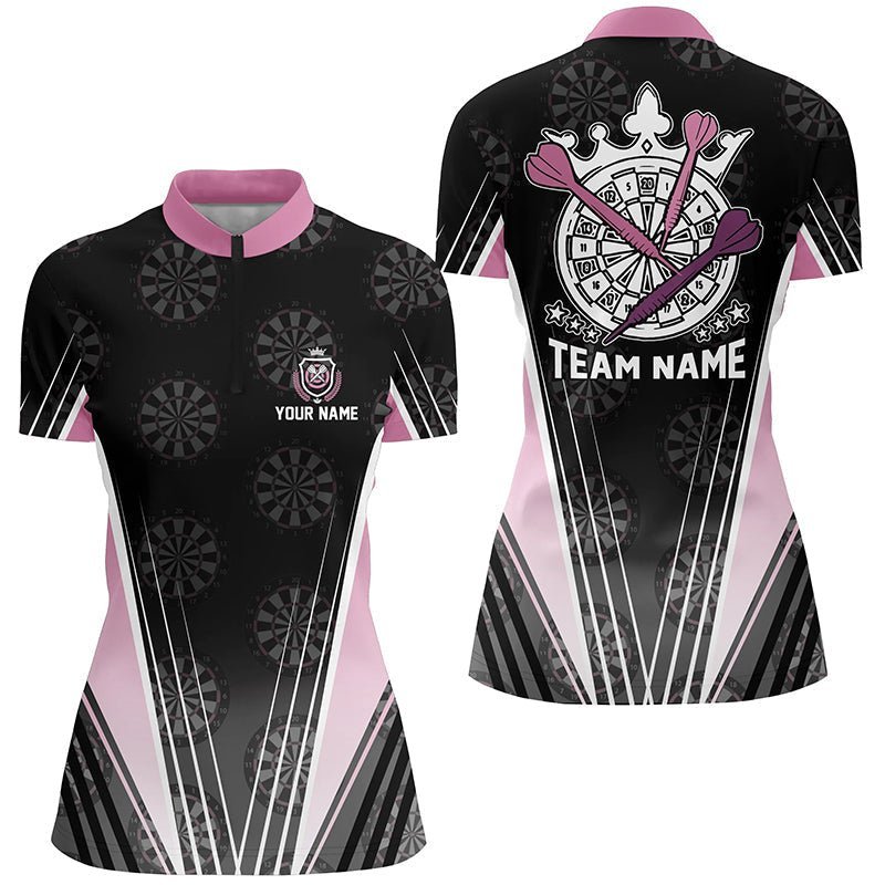 Personalisiertes schwarzes Pink Crown Darts 1/4 Zip Shirt für Damen, individuell anpassbares Dart-Shirt, Darts-Trikot V339 - Climcat