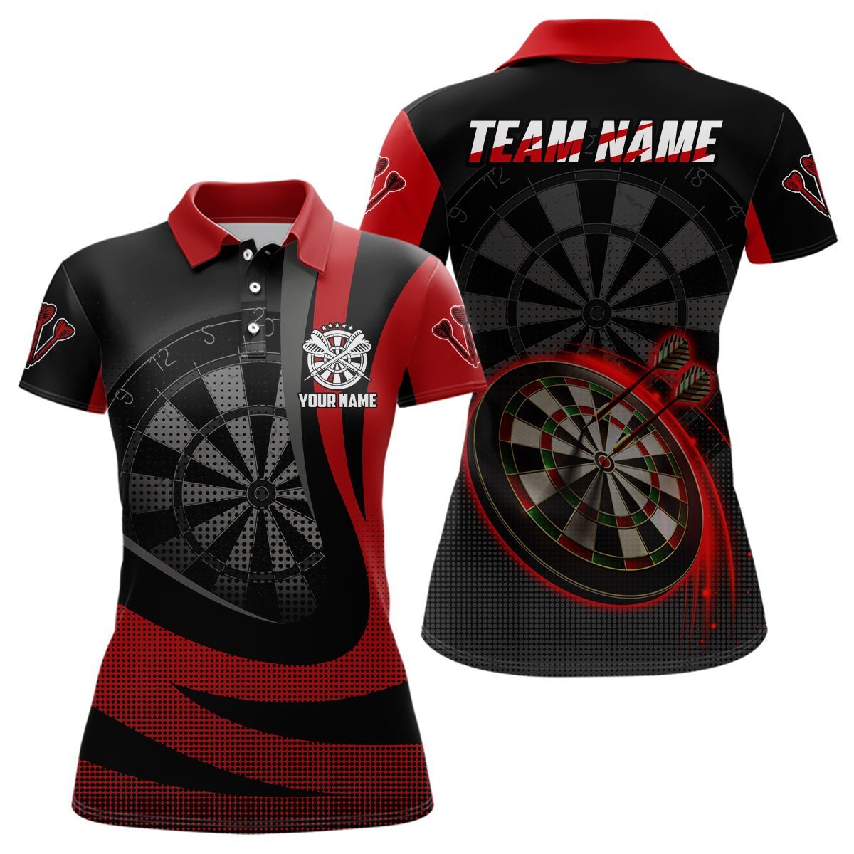 Personalisiertes schwarzes rotes 3D Damen Darts Polo Shirt, individuell anpassbares cooles Darts Team Trikot für Frauen R335 - Climcat