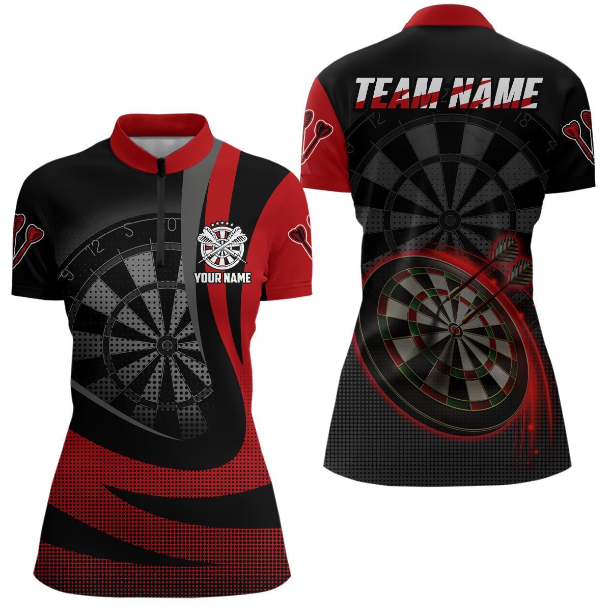 Personalisiertes schwarzes rotes 3D-Darts-Quarter-Zip-Shirt, individuell anpassbares cooles Darts-Team-Trikot für Frauen G161 - Climcat