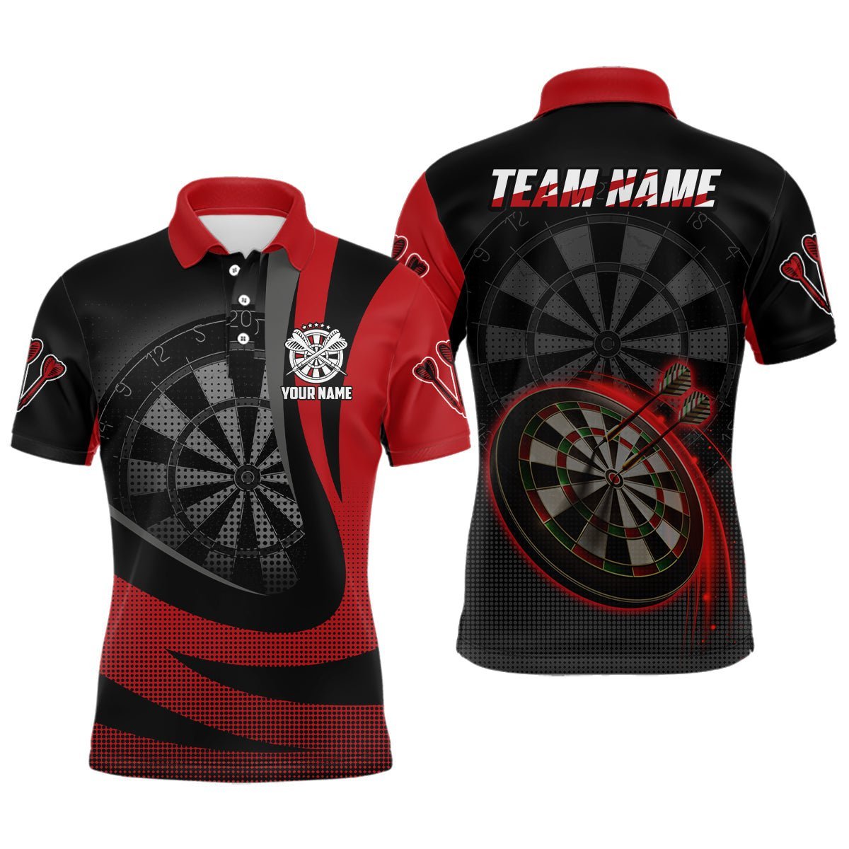 Personalisiertes schwarzes rotes 3D Herren Darts Polo Shirt, individuell anpassbares cooles Darts Team Trikot für Männer M297 - Climcat