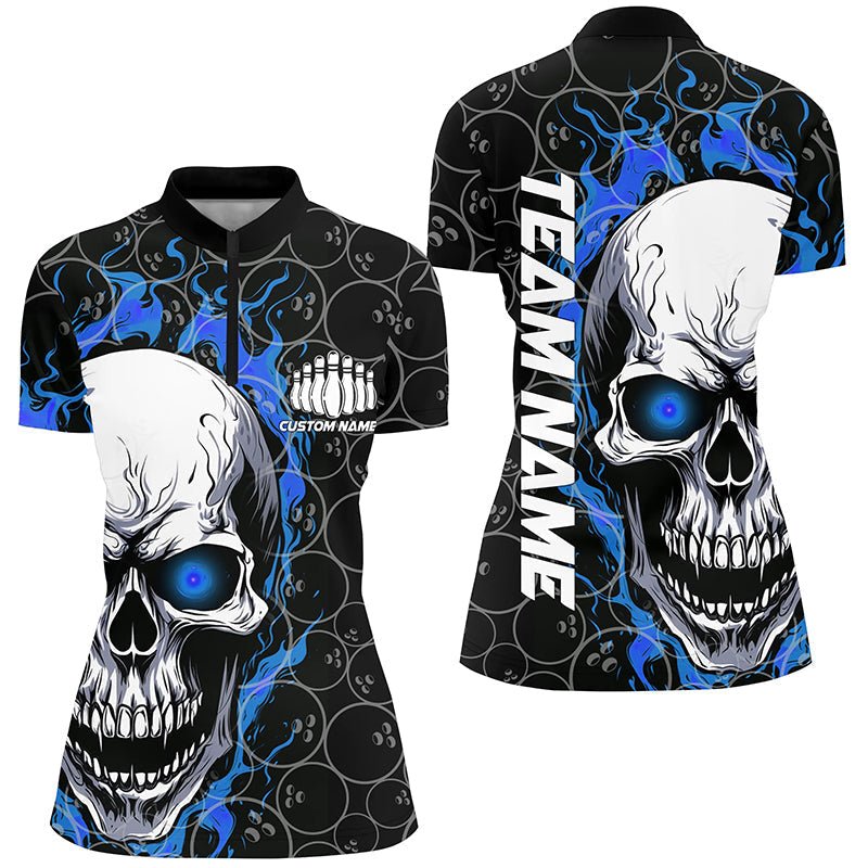 Personalisiertes Skull Bowling Shirt für Damen | Individueller Teamname | Flammen Bowler Trikots | Blau P5103 - Climcat