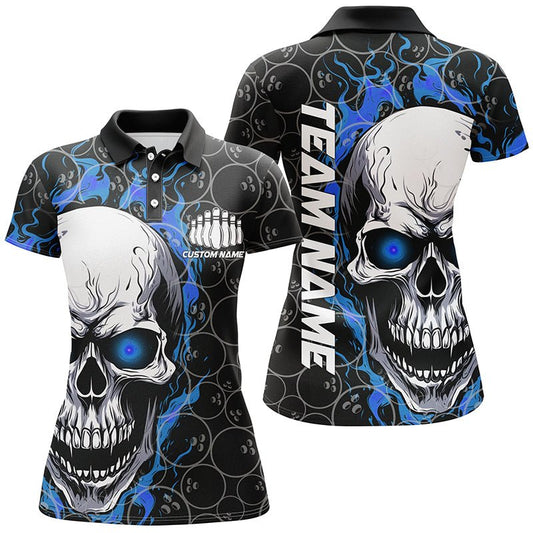 Personalisiertes Skull Bowling Shirt für Damen | Individueller Teamname | Flammen Bowler Trikots | Blau P5103 - Climcat