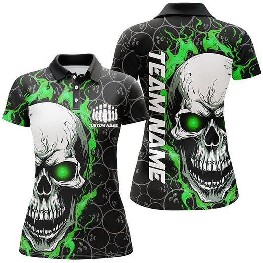 Personalisiertes Skull Bowling Shirt für Damen | Individueller Teamname | Flammen Bowler Trikots | Grün P5008 - Climcat