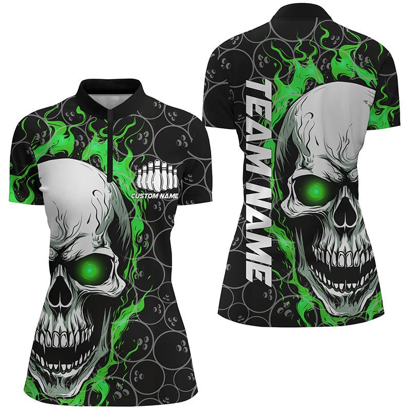 Personalisiertes Skull Bowling Shirt für Damen | Individueller Teamname | Flammen Bowler Trikots | Grün P5008 - Climcat