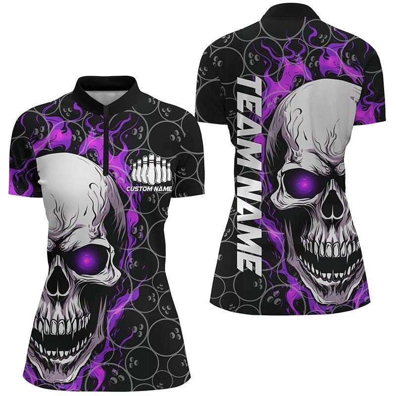 Personalisiertes Skull Bowling Shirt für Damen | Individueller Teamname | Flammen Bowler Trikots | Lila P5009 - Climcat