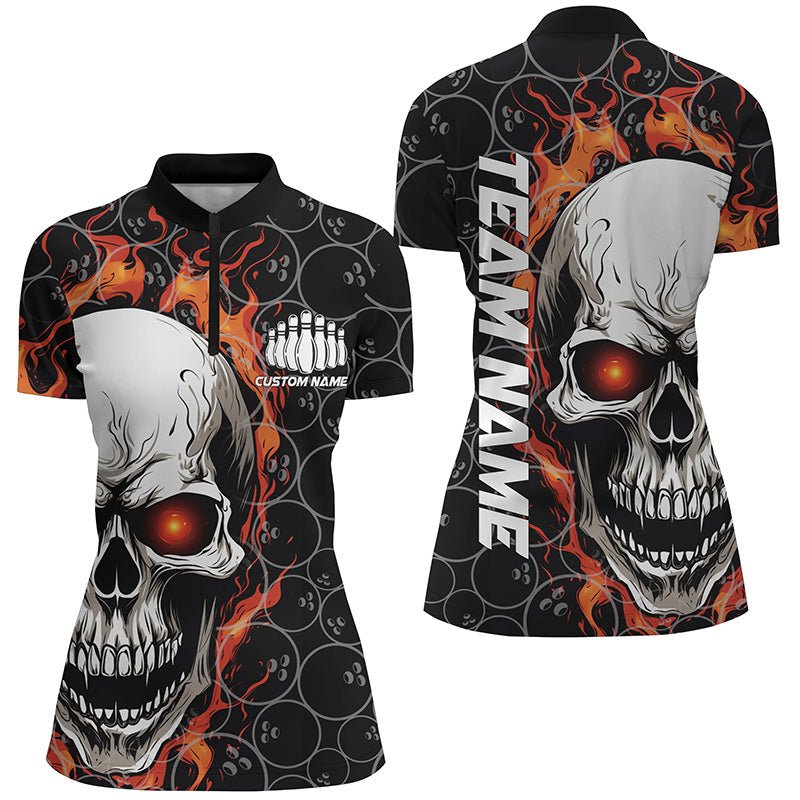 Personalisiertes Skull Bowling Shirt für Damen | Individueller Teamname | Flammen Bowler Trikots | Rot P5010 - Climcat