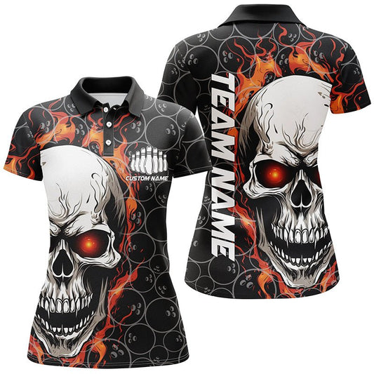 Personalisiertes Skull Bowling Shirt für Damen | Individueller Teamname | Flammen Bowler Trikots | Rot P5010 - Climcat