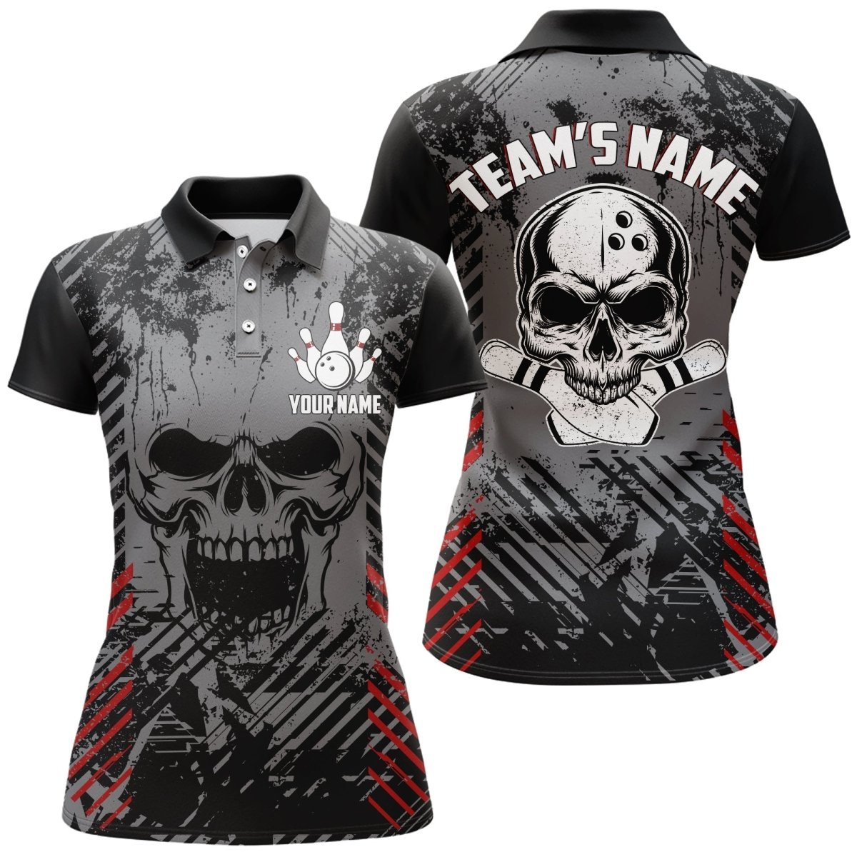 Personalisiertes Skull Bowling Shirt für Damen - Individuelles Bowling Trikot mit Teamnamen - Lady Bowler Polo Shirt B126 - Climcat