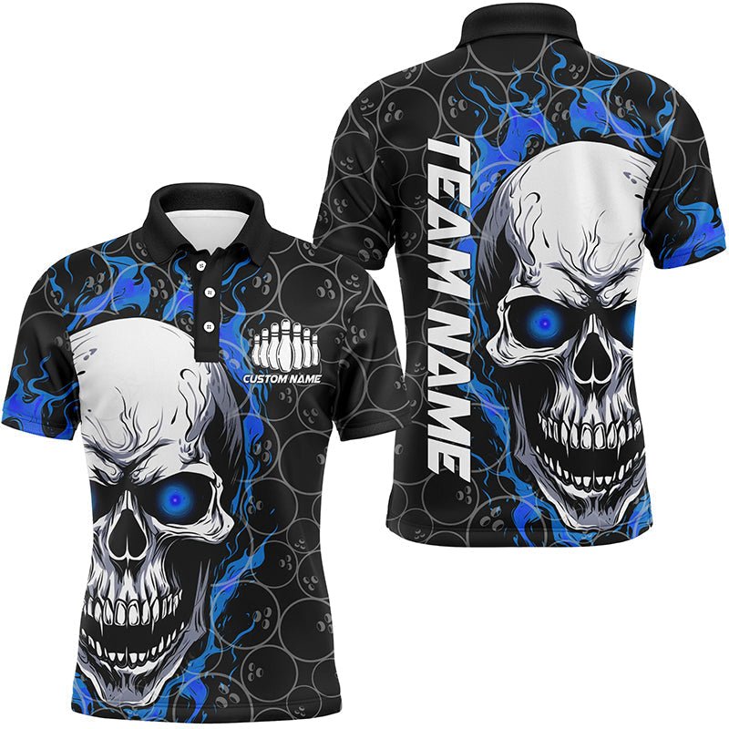 Personalisiertes Skull Bowling Shirt für Herren | Individueller Teamname | Flammen Bowler Trikots | Blau P5103 - Climcat