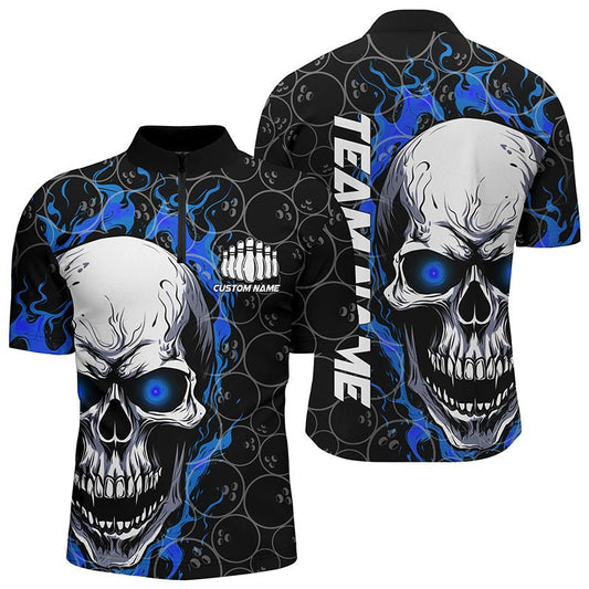 Personalisiertes Skull Bowling Shirt für Herren | Individueller Teamname | Flammen Bowler Trikots | Blau P5103 - Climcat