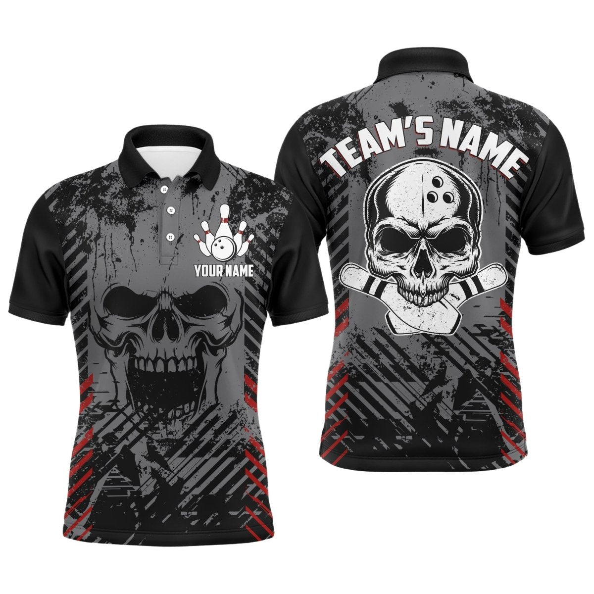 Personalisiertes Skull Bowling Shirt für Herren, individuelles Bowlingtrikot mit dem Namen des Teams, Liga Polo Shirt B126 - Climcat