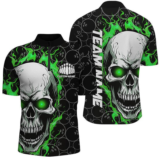 Personalisiertes Skull Bowling Shirt für Herren mit individuellem Teamnamen | Flammen Bowler Trikots | Grün P5008 - Climcat