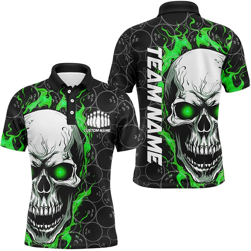 Personalisiertes Skull Bowling Shirt für Herren mit individuellem Teamnamen | Flammen Bowler Trikots | Grün P5008 - Climcat