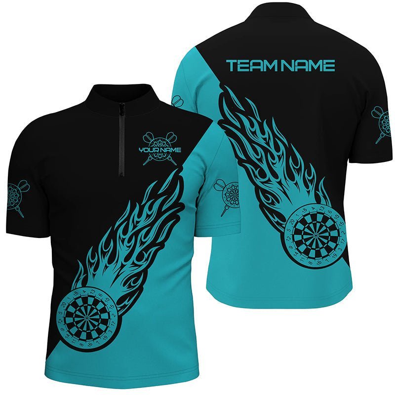 Personalisiertes Türkis & Schwarz Flammen Dart 1/4 Zip Shirt Dart Shirt für Herren Dart Trikot Y690 - Climcat