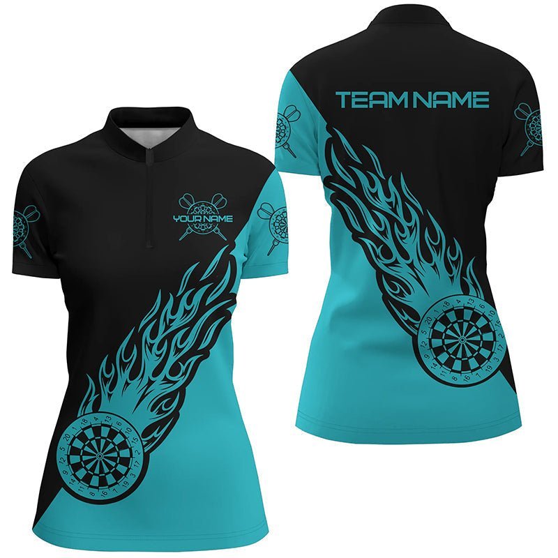 Personalisiertes Türkis & Schwarz Flammen Dart 1/4 Zip Shirt für Frauen, Dart Shirt, Dart Trikot B413 - Climcat
