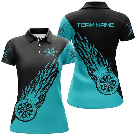 Personalisiertes Türkis & Schwarz Flammen Darts Polo Shirt Darts Shirt für Frauen Dart Trikot H174 - Climcat