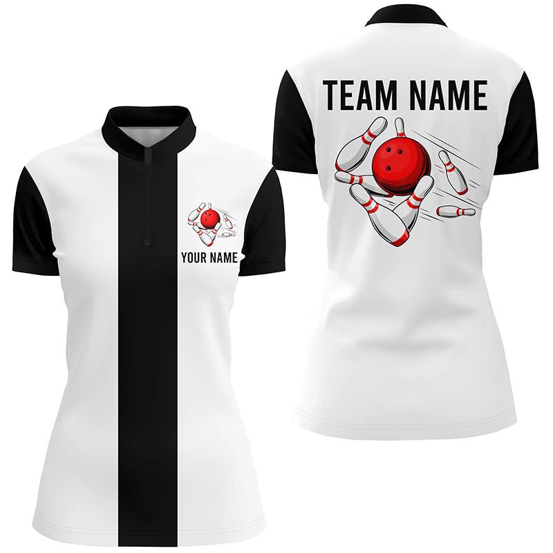 Personalisiertes Weiß Schwarz Retro Bowling Quarter Zip Shirt für Damen - Individuelle Vintage Bowling Team Trikots Q7001 - Climcat