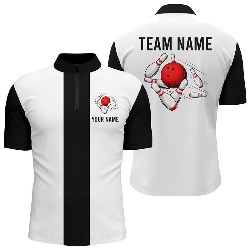 Personalisiertes Weiß & Schwarz Retro Bowling Quarter Zip Shirt für Herren - Individuelle Vintage Bowling Team Trikots Q7001 - Climcat