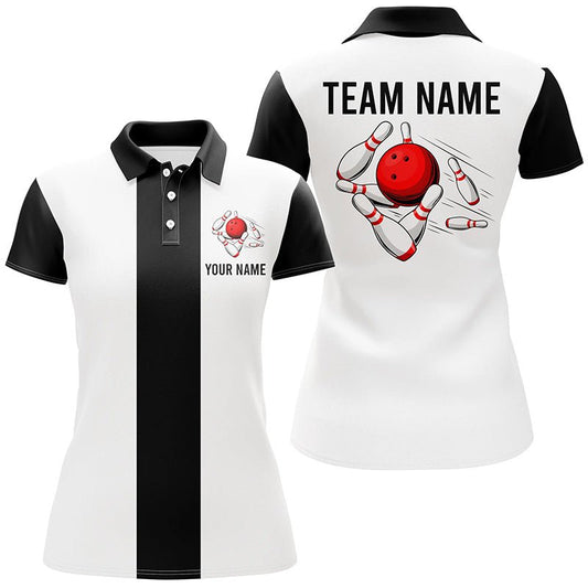 Personalisiertes Weiß und Schwarz Retro Bowling Polo Shirt für Damen - Individuelle Vintage Bowling Team Trikots Q7001 - Climcat