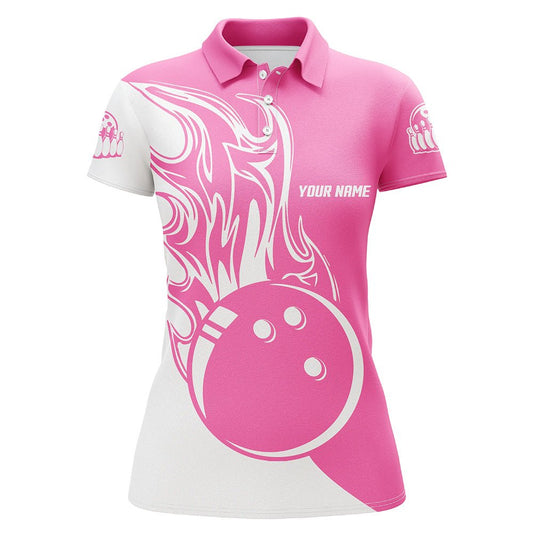 Pink und Weiß Bowlingkugel Feuer Damen Polo-Shirts - Individuelle Damen Bowling Team Trikots Q6088 - Climcat