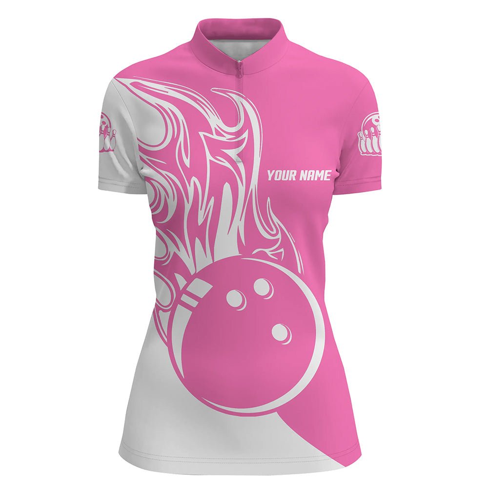 Pink und Weiß Bowlingkugel Feuer Damen Quarter-Zip Shirts individuelle Bowling Team Trikots Q6088 - Climcat