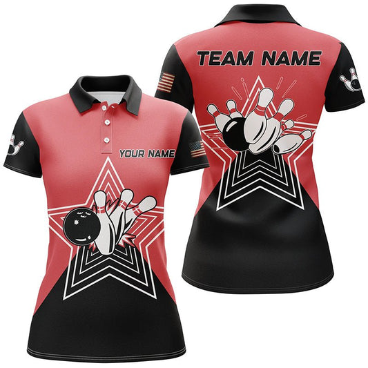 Retro Bowling Damen Polo-Shirt mit individuellem Design in Rot und Schwarz für Bowling-Teams und Ligen - Q6787 - Climcat