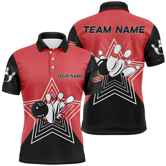 Retro Bowling Poloshirt für Herren in Rot und Schwarz mit individueller Gestaltung - Team Liga Trikots Q6787 - Climcat