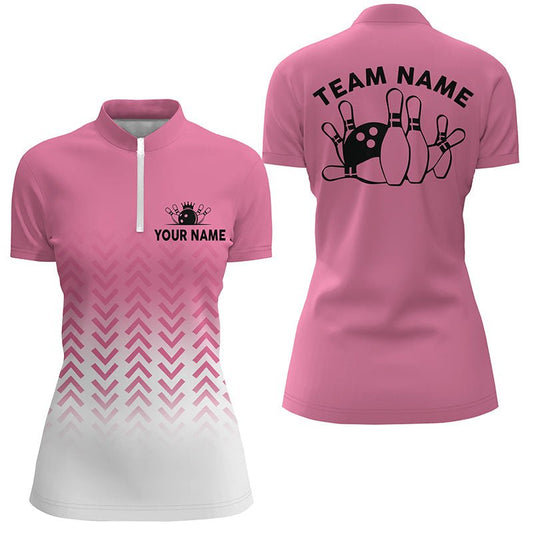 Retro Bowling Viertelreißverschluss-Shirts für Damen | Personalisierte Bowling-Trikots für Teams | Geschenke für Bowler | Pink Q6938 - Climcat