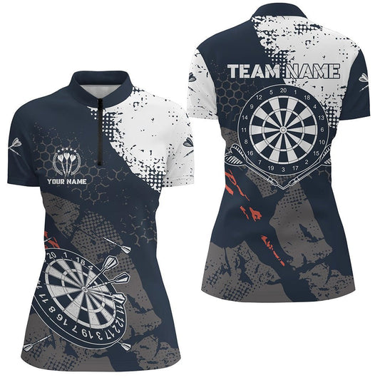 Retro Damen Darts 1/4 Zip Shirt mit individuellem Marine-Weiß-Muster, Dart-Team-Trikots für Frauen B885 - Climcat