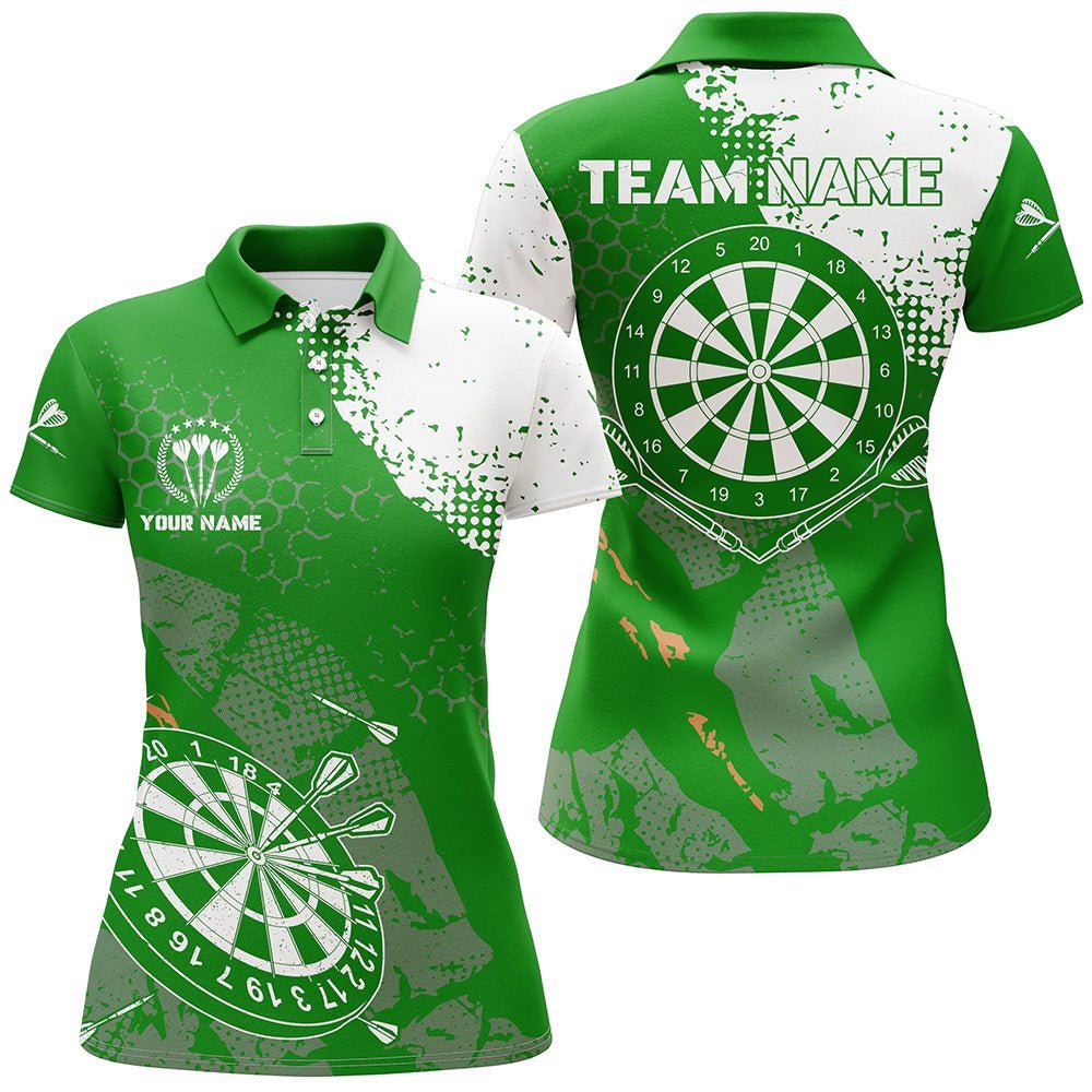 Retro grünes weißes Muster, individuell anpassbares Damen-Darts-Polo-Shirt, Dart-Team-Trikots für Frauen LDT0899 Y863 - Climcat