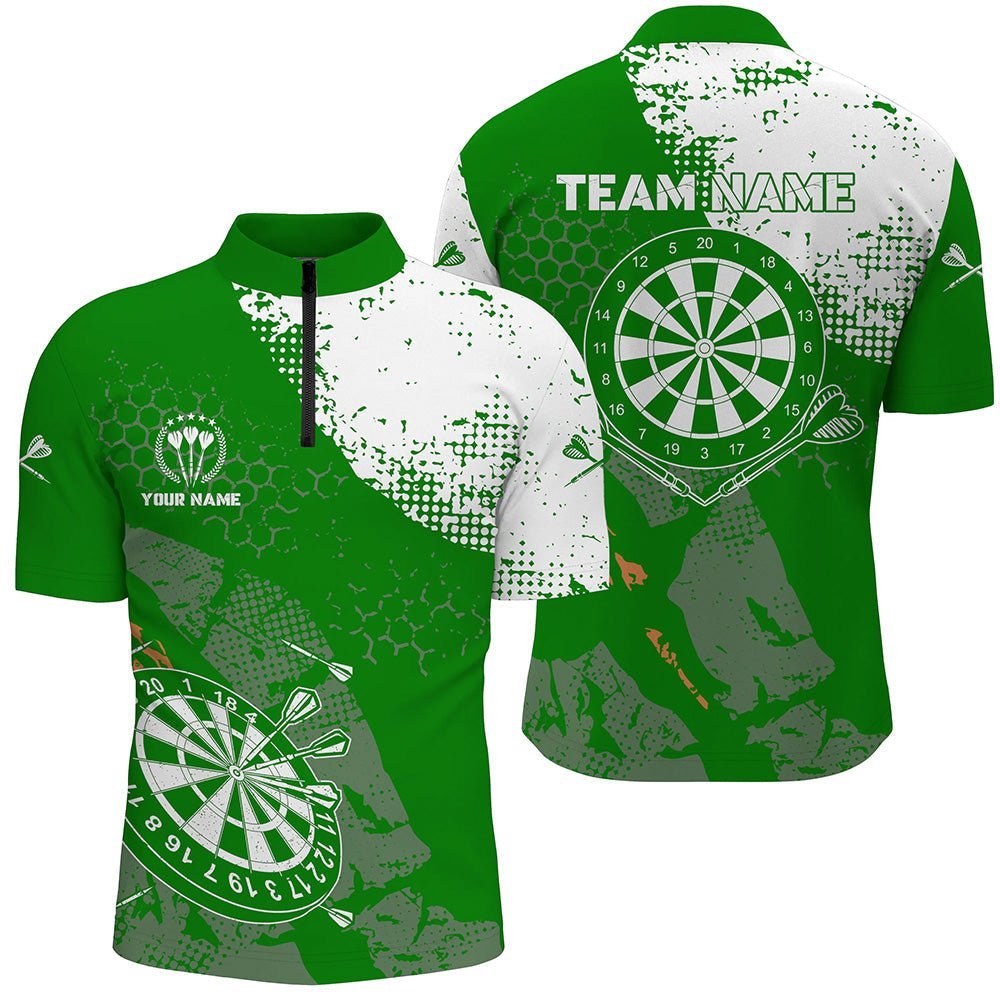 Retro grünes weißes Muster, individuell anpassbares Herren Dart 1/4 Zip Shirt, Dart Team Trikots für Männer LDT0899 F920 - Climcat