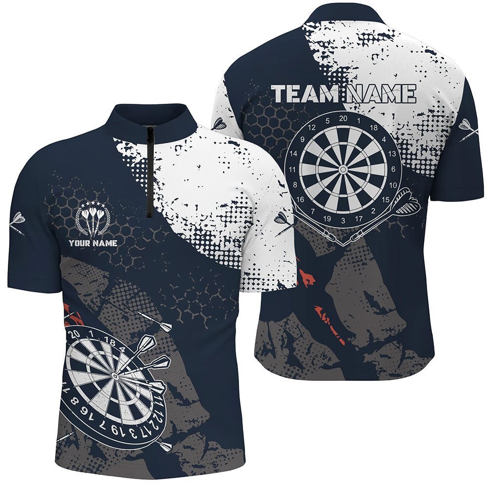 Retro Herren Darts Quarter Shirt mit marineblauem weißen Muster, individuell anpassbares Dart-Team-Trikot Y84 - Climcat