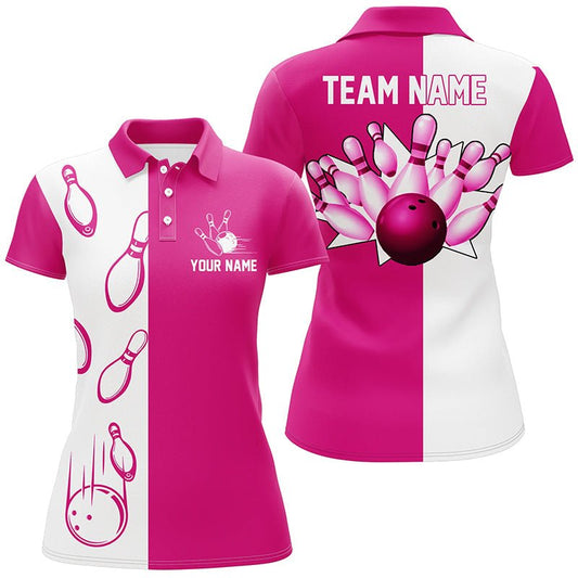 Retro Vintage Bowling Polo Shirts für Damen in Pink und Weiß | Personalisierte Bowling Team Trikots | Q6655 - Climcat