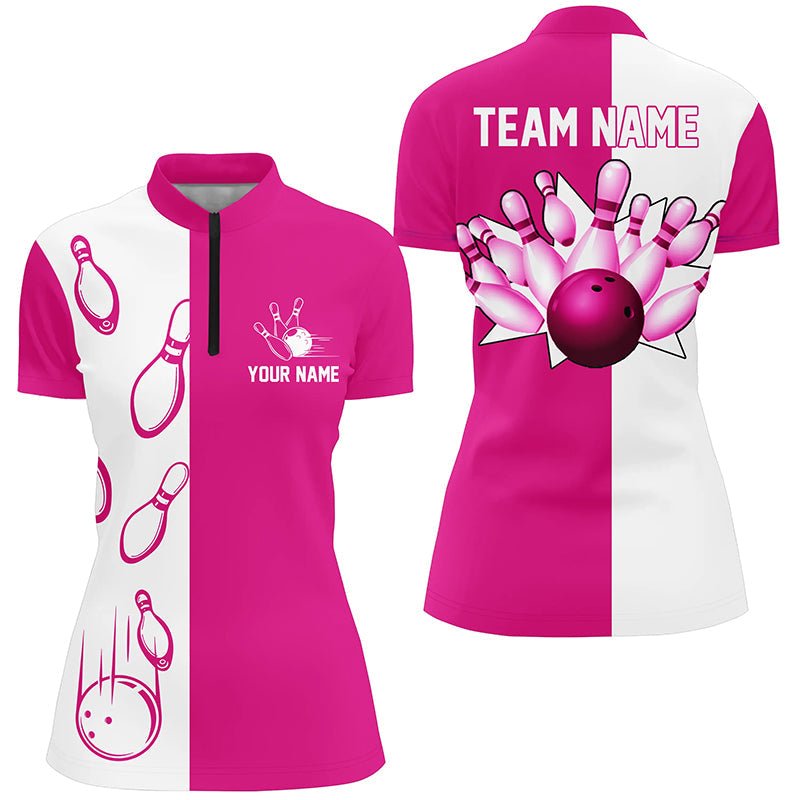 Retro Vintage Bowling Quarter Zip Shirt für Damen in Pink und Weiß - Personalisierbare Bowling Team Trikots Q6655 - Climcat