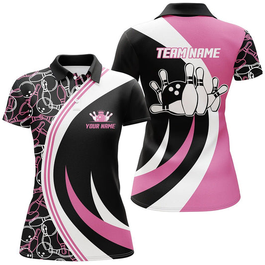 Rosa Bowling Polo Shirt für Damen - Nahtloses Muster - Personalisiertes Bowling Team Shirt D104 - Climcat