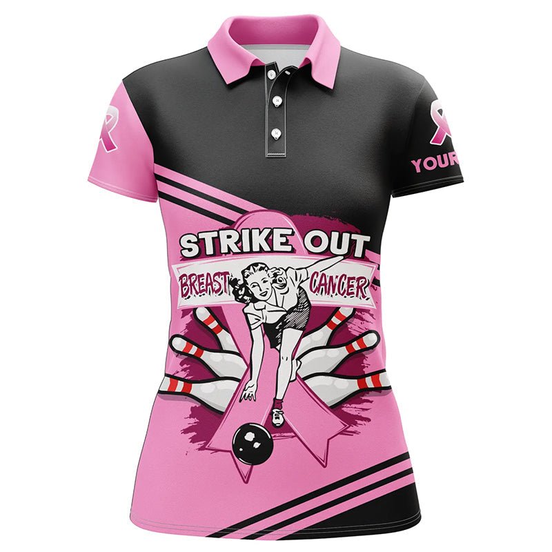 Rosa Damen Bowling Polo Shirt - Personalisiertes Strike Out Brustkrebs Bowling Team Trikot, Bowling Geschenk Q6382 - Climcat