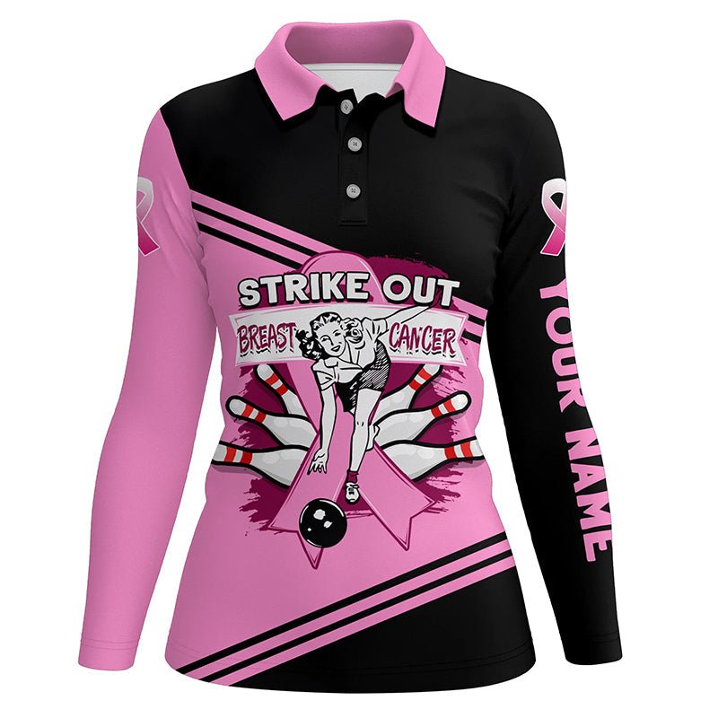 Rosa Damen Bowling Polo Shirt - Personalisiertes Strike Out Brustkrebs Bowling Team Trikot, Bowling Geschenk Q6382 - Climcat