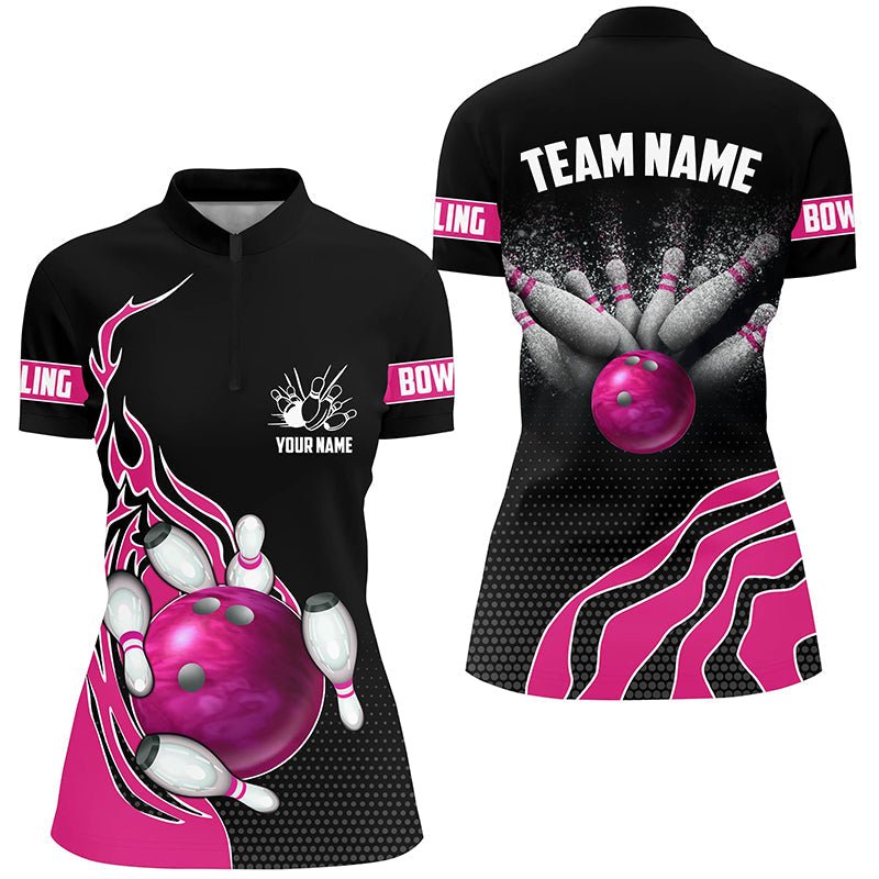 Rosa Flammen Bowling Polo Shirts für Damen, Personalisierte Bowling Team Trikots Bowler Outfits P5219 - Climcat