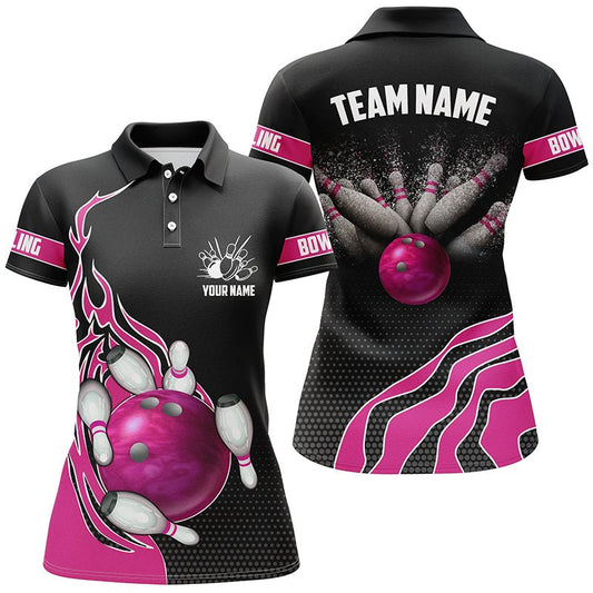 Rosa Flammen Bowling Polo Shirts für Damen, Personalisierte Bowling Team Trikots Bowler Outfits P5219 - Climcat