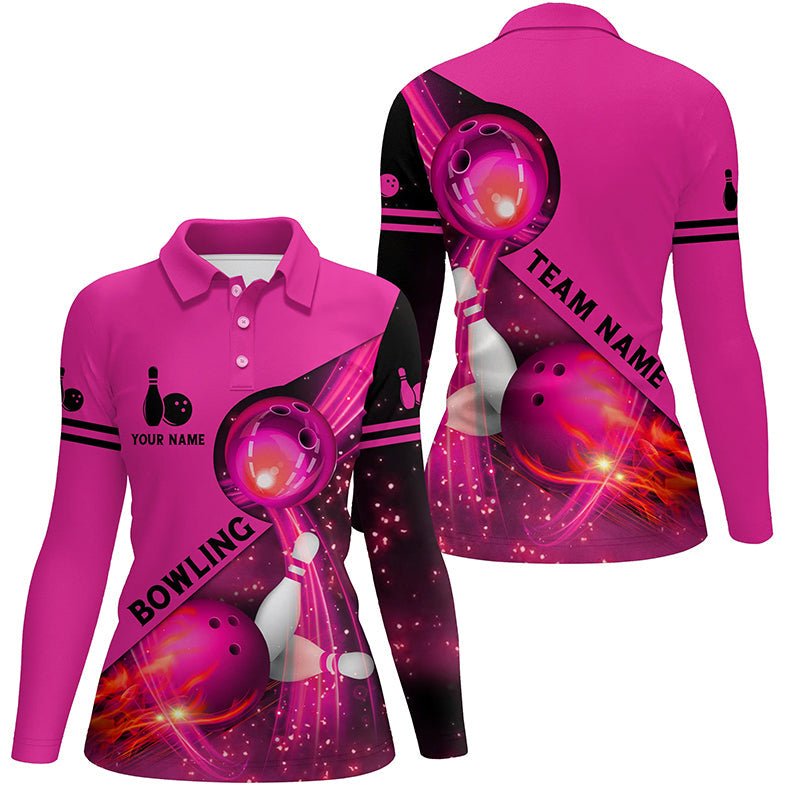 Rosa Flammen Bowling Shirts für Damen - Bowling Team Liga Trikot - Individuell gestaltbare rosa leichte Bowling Polo Shirts Q6541 - Climcat