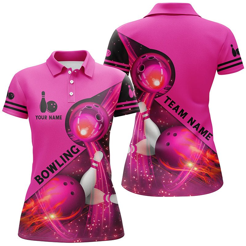 Rosa Flammen Bowling Shirts für Damen - Bowling Team Liga Trikot - Individuell gestaltbare rosa leichte Bowling Polo Shirts Q6541 - Climcat