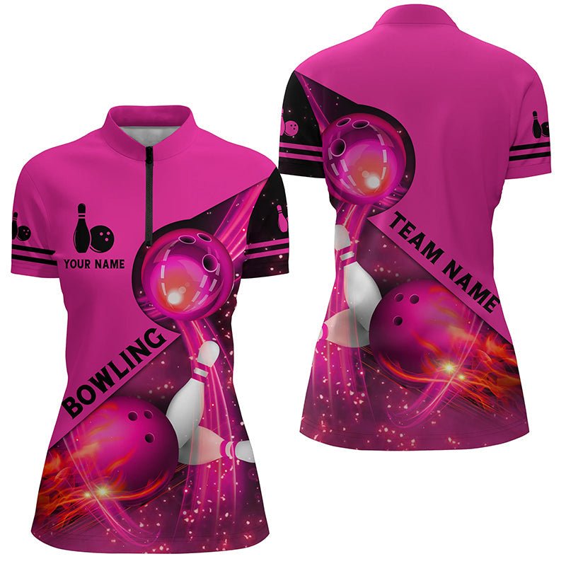 Rosa Flammen Bowling Shirts für Damen Bowling Team Liga Trikot Individuelles leichtes Bowling Quarter Zip Shirt Q6541 - Climcat