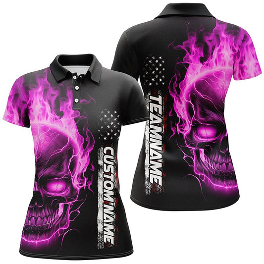 Rosa Flammen-Schädel Personalisierte Bowling-Polo-Shirts für Frauen, Amerikanische Bowling-Team Trikots P5279 - Climcat