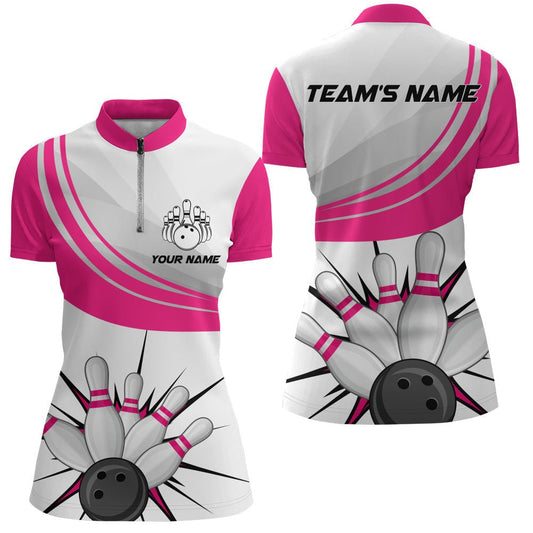 Rosa Viertelreißverschluss Bowling Shirt für Damen - Personalisiertes Kurzarm-Trikot für Damen-Bowler-Team N108 - Climcat