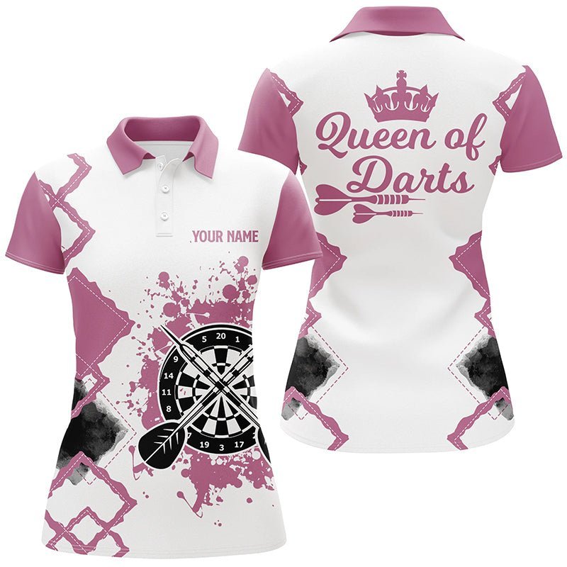 Rosa-weißes Darts Polo Shirt für Damen, individuell anpassbares niedliches Darts Trikot 'Queen of Darts' W167 - Climcat