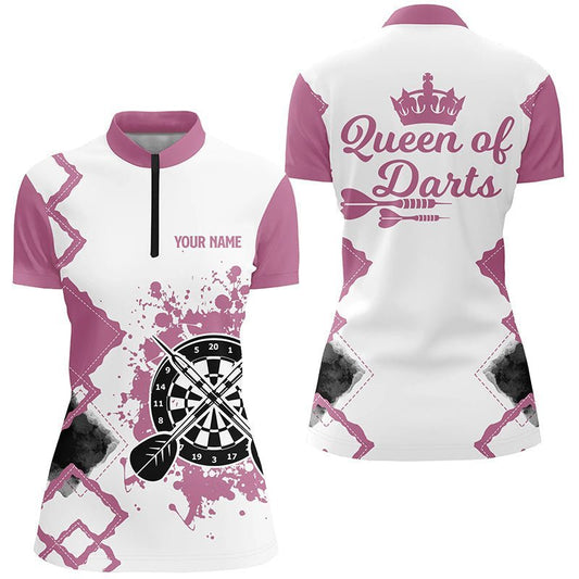 Rosa-weißes Darts-Quarter-Zip-Shirt für Damen, individuell anpassbares niedliches Darts-Trikot M673 - Climcat