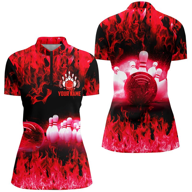 Rote Flamme Damen Viertelreißverschluss-Shirts, Personalisiertes Bowling-Team Bowlers Trikot, Bowling-Teamuniformen Q6366 - Climcat