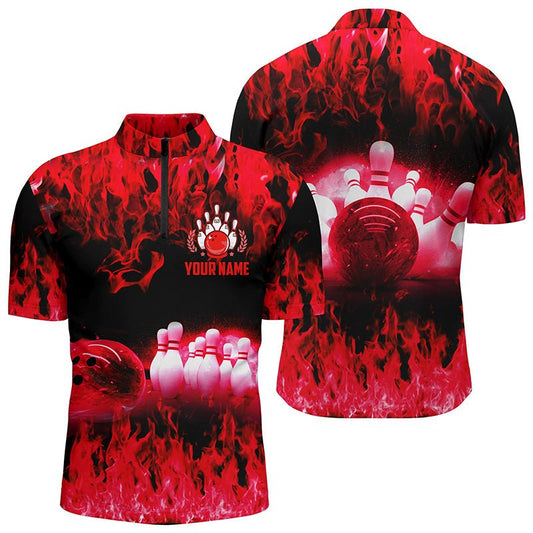 Rote Flamme Herren Bowling Quarter Zip Shirts, Personalisierte coole Bowling Team Liga Bowling Shirts Q6366 - Climcat