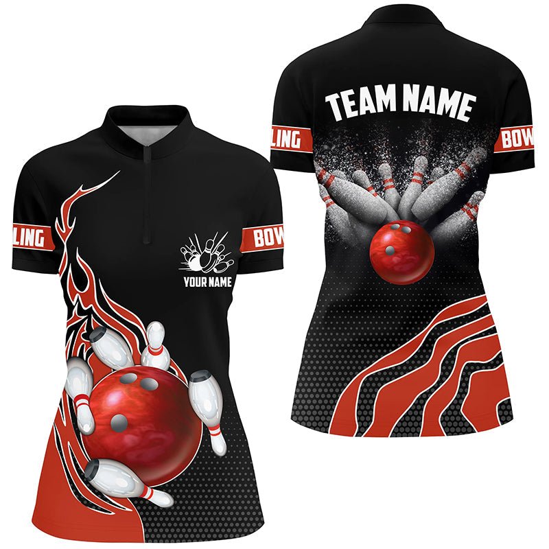 Rote Flammen Bowling Polo Shirts für Damen, Personalisierte Bowling Team Trikots Bowler Outfits P5216 - Climcat