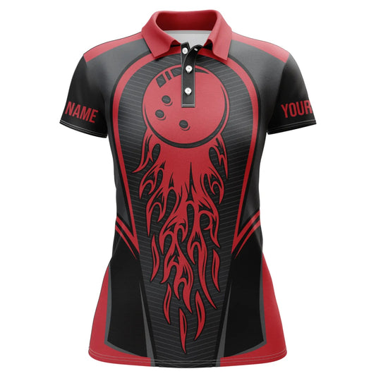 Rote Flammen Bowlingkugel Personalisierte Damen Bowling Trikots, Passende Team Bowling Shirts P4200 - Climcat